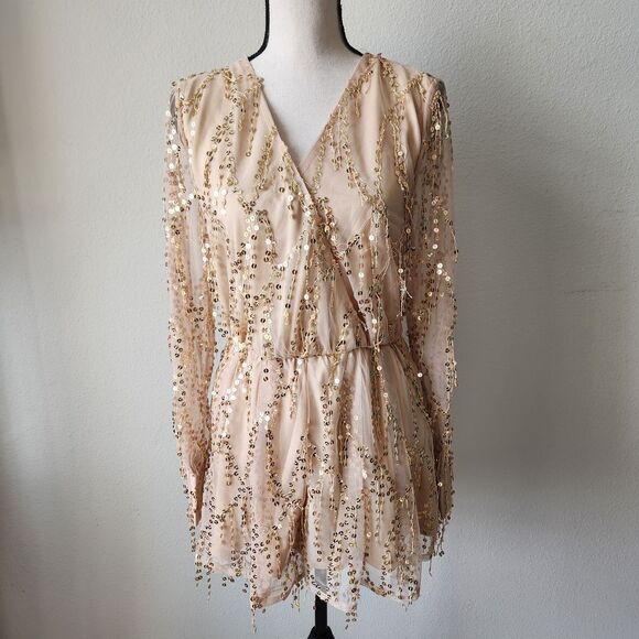 New With Tags Paradiso Womens Large Nude Gold Sequin Romper - Picture 1 of 15